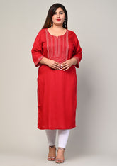 Plus Size Maroon Cotton Blend  Embroidered Straight Kurta-246